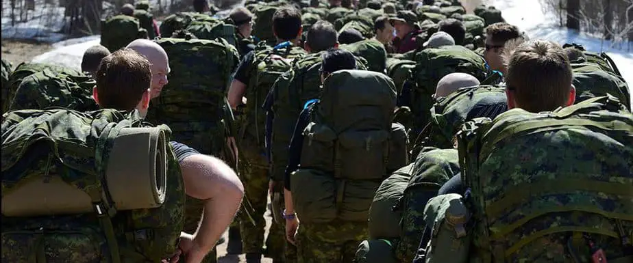 Soldiers wearing rucksacks on a march