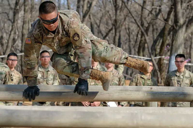 Pfc. Mark Lacanlale, Chemical, Biological, Radiological And Nuclear (CBRN) specialist, native of Lacey, Wash., 45th CBRN Company, 70th Brigade Support Battalion, 210th Field Artillery Brigade, leaps over the six vaults as part of the obstacle course event during the 2nd Infantry Division Best Warrior Competition, April 15, 2019, Camp Hovey, Republic of Korea. The competition served as a valuable training experience, and the winners will advance to the Eighth Army Best Warrior Competition May 2019. (U.S. Army photo by Capt. Daniel Parker)