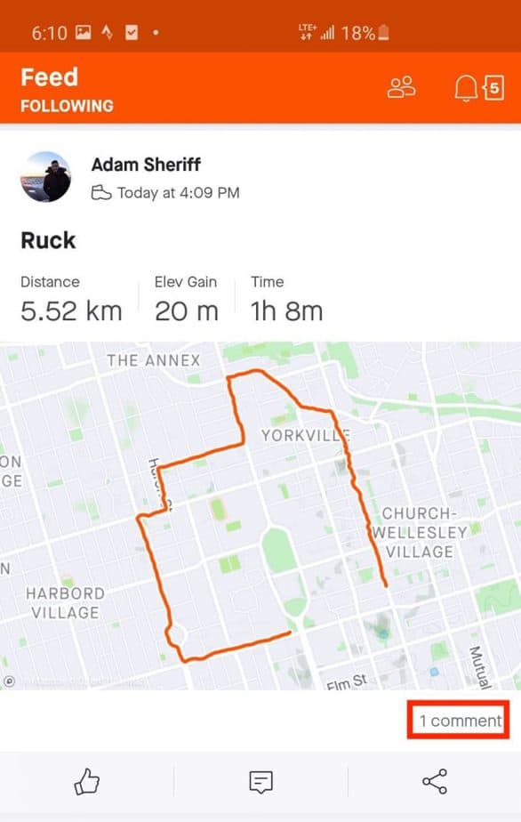 Screenshot of the Strava App use to track rucking performance