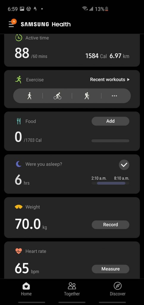 Screenshot of Samsung health app used to track rucking information - overview stats