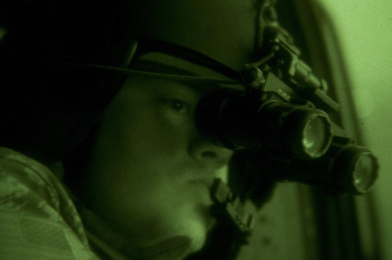 Soldier using night vision goggles