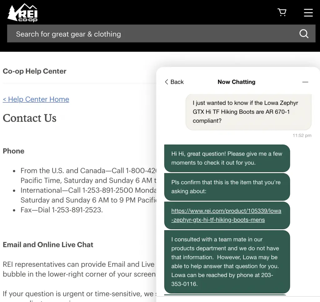 Screenshot of chat asking REI.com whether the 5.11 boots are AR670-1 Compliant or not.