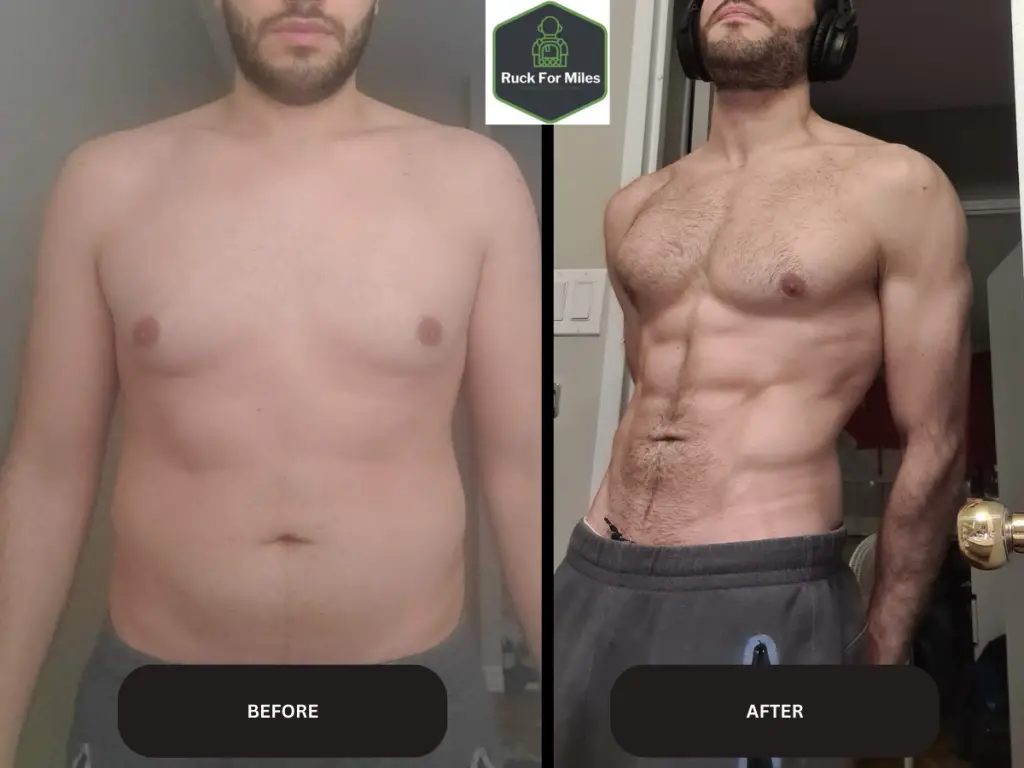 Before and after photos of my rucking body transformation. On the left is the before picture where I was fat and out of shape. On the right, I have visible abdominal muscles and increased muscle mass.