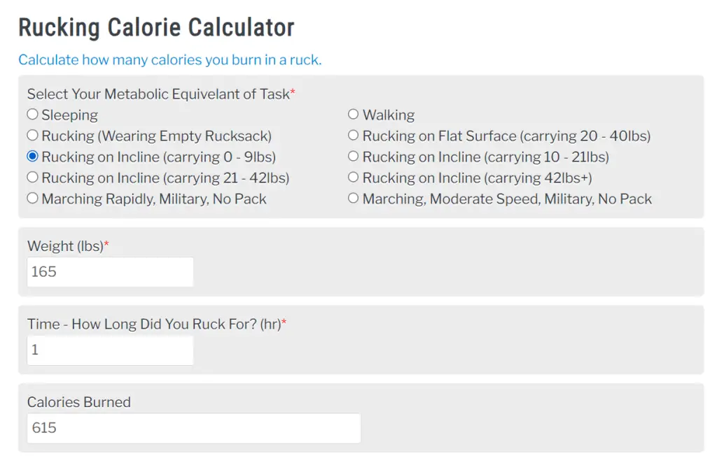 Rucking calorie calculator results 