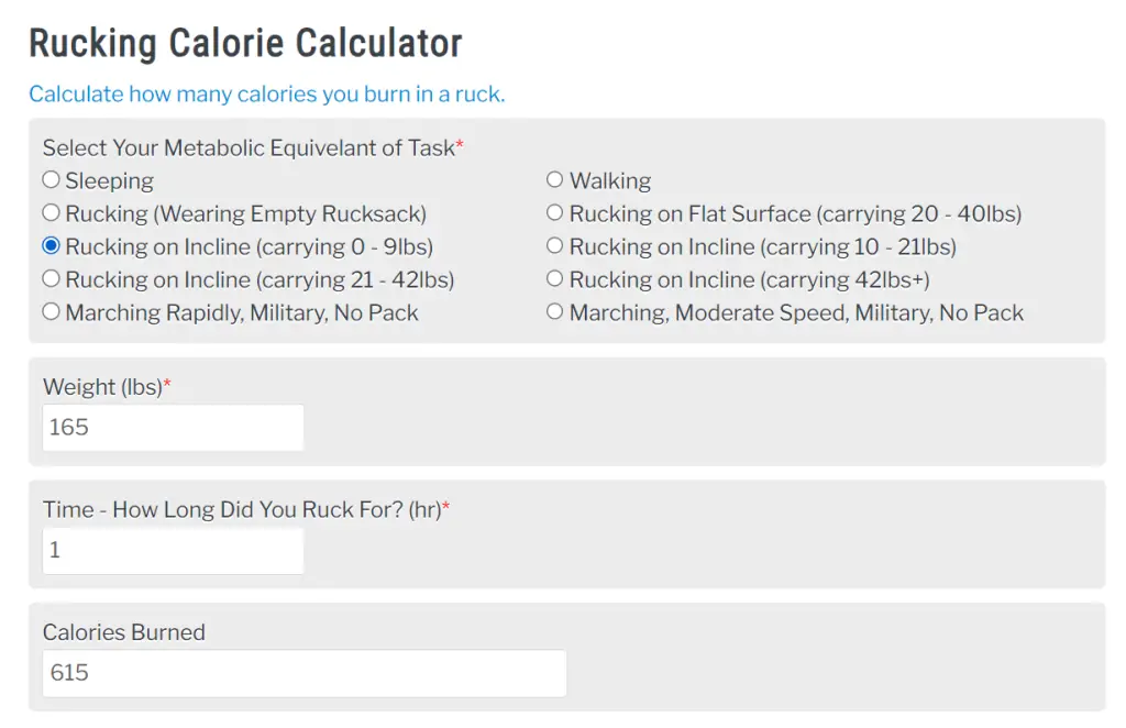 Rucking calorie calculator results